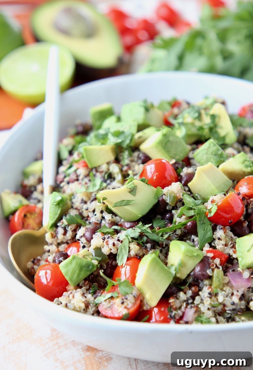 A beautifully presented Mexican quinoa salad in a ceramic bowl, garnished with freshly diced avocado and a white and gold spoon resting beside it.