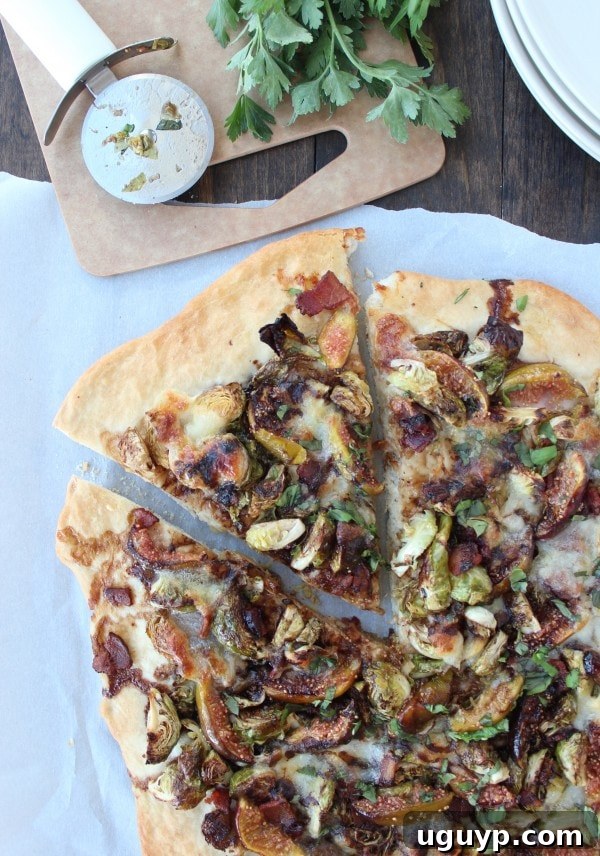 Blogger celebrating 3-year blogoversary with Honey Fig Bacon Brussel Sprouts Pizza