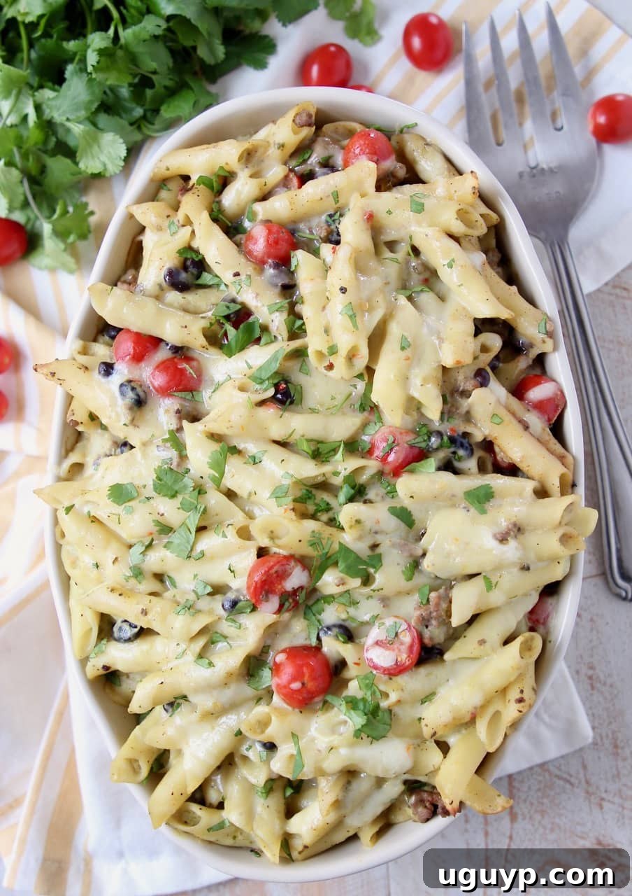 A large oval casserole dish filled with Taco Pasta Bake, garnished with fresh cherry tomatoes and cilantro, ready to be served.