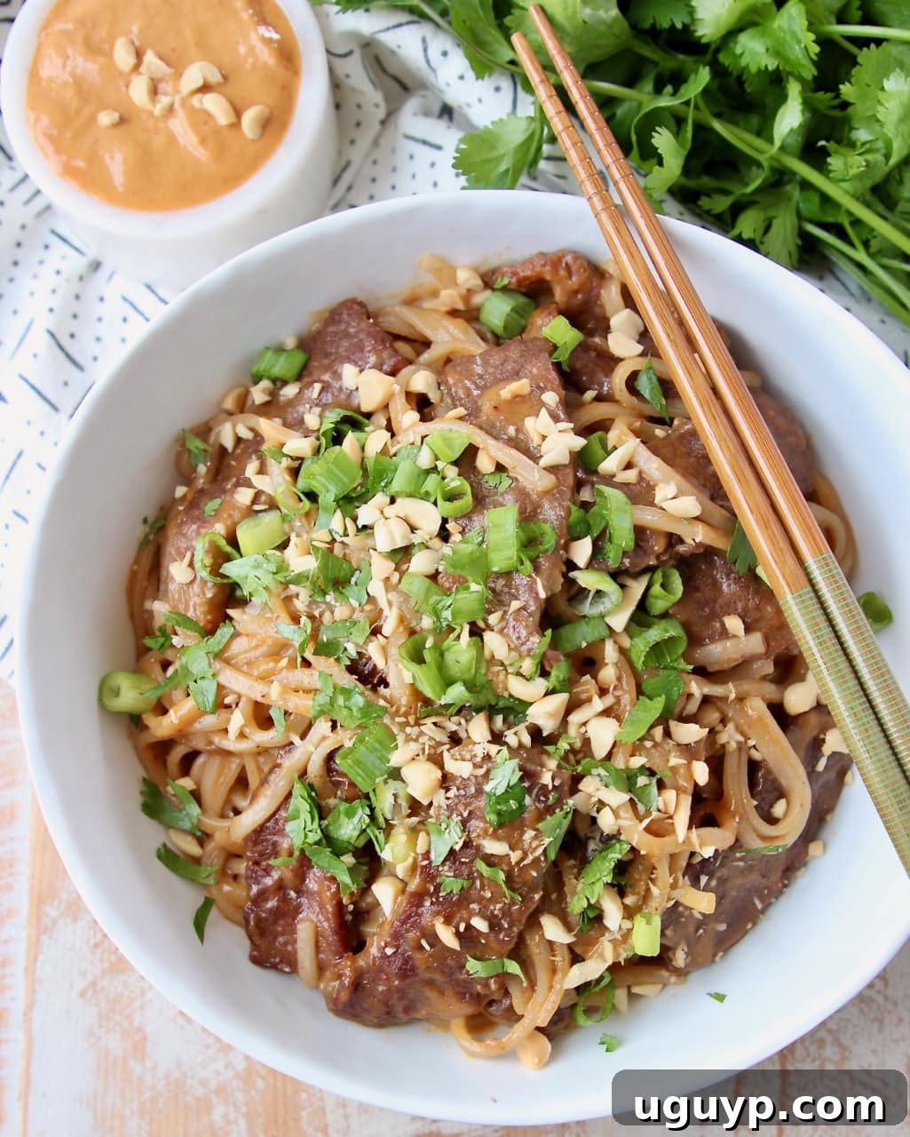 Thai beef and noodles in white bowl, topped with diced green onions, ready to be served