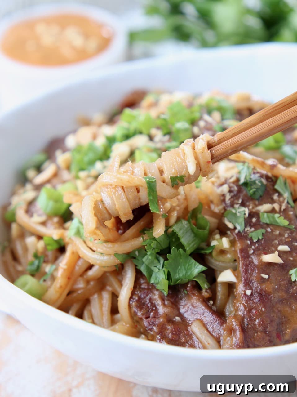 Rice noodles swirled around chopsticks in a Thai beef noodle bowl, highlighting the texture