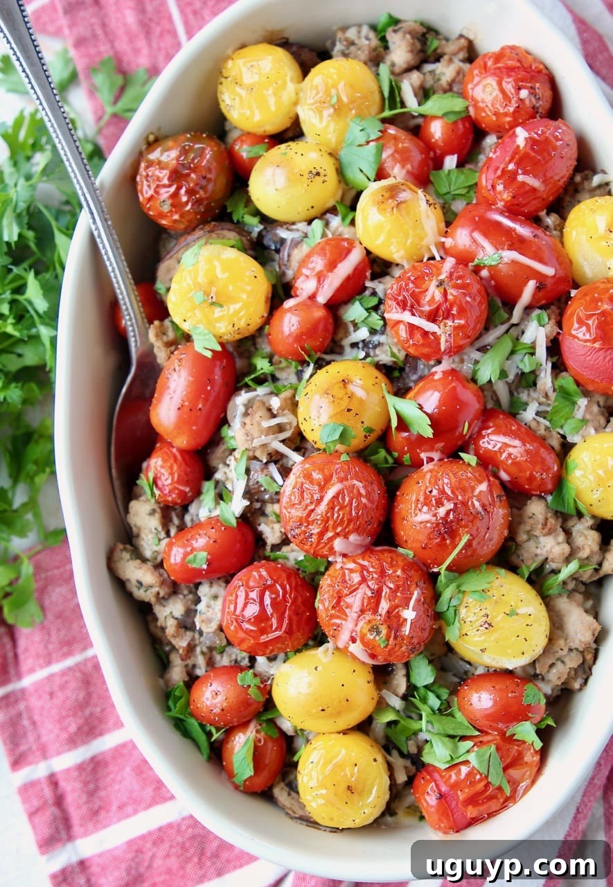 Turkey casserole topped with roasted cherry tomatoes