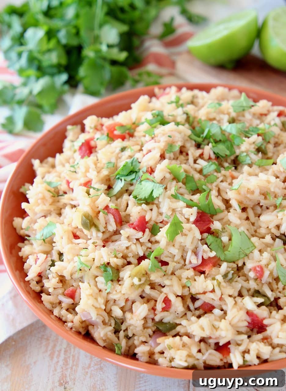 Close-up of fluffy Mexican rice in an orange bowl, generously garnished with fresh cilantro leaves.