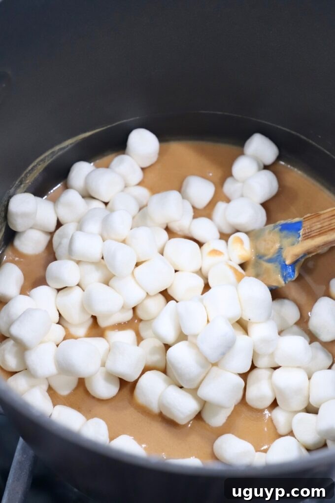 Mini marshmallows added to the melted peanut butter and honey mixture in a saucepan, beginning to soften.