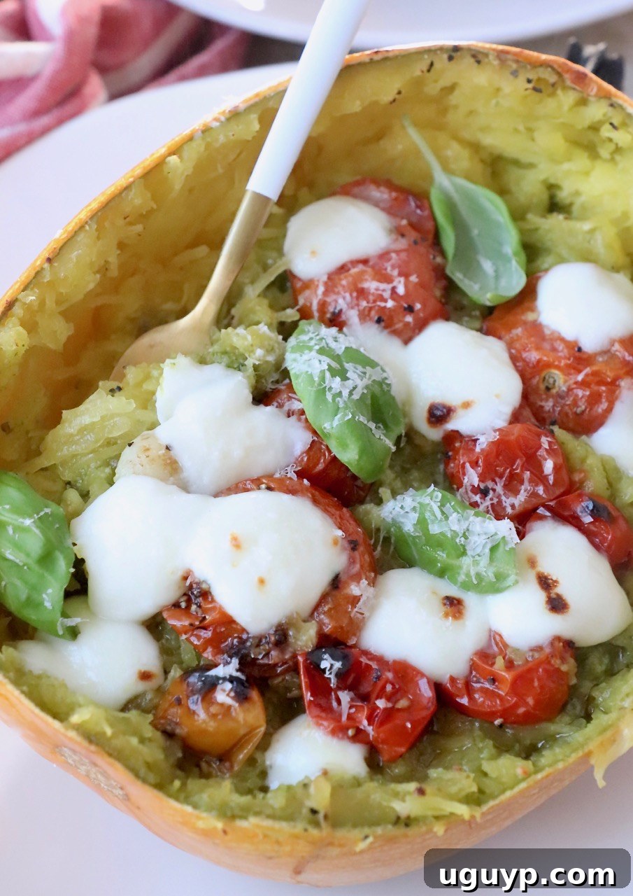 Roasted spaghetti squash halves filled with vibrant roasted cherry tomatoes, fresh basil, and melted mozzarella cheese.