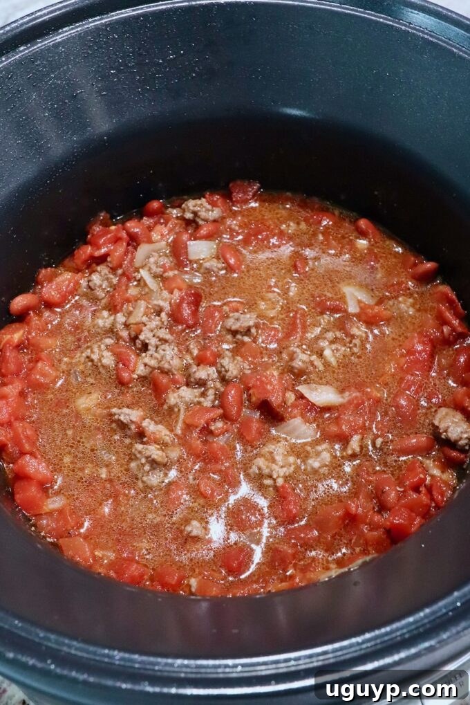ingredients for chili mixed together in a pot