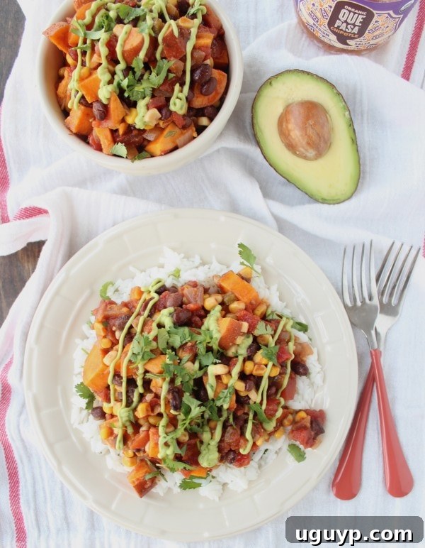 Vegan Chipotle Sweet Potato Casserole showcasing a healthy, vibrant dish with black beans and corn.