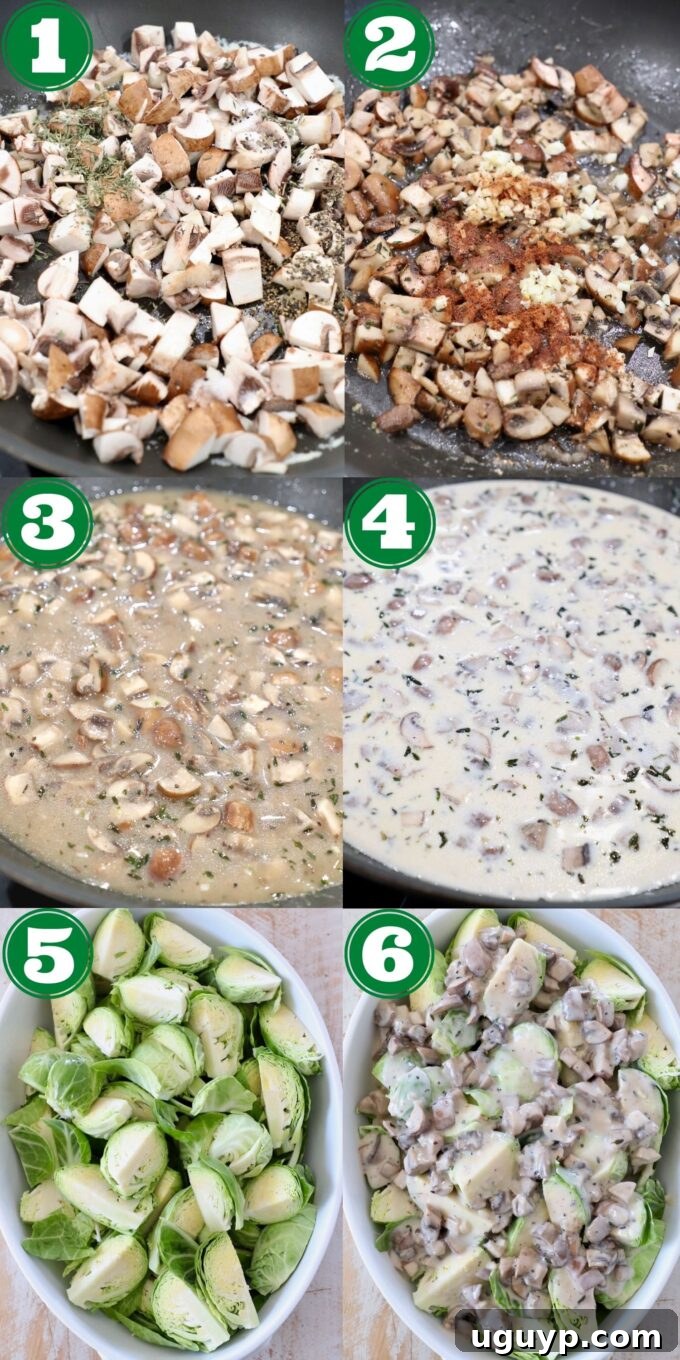 A step-by-step visual guide showing the process of making the homemade brussels sprout casserole, from sautéing mushrooms to assembling the dish in a baking pan.