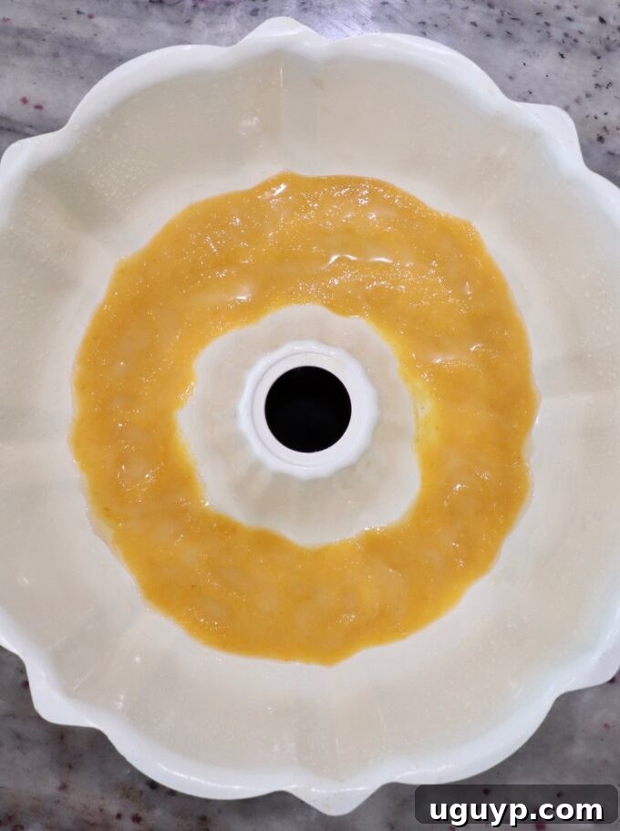 Half of the pumpkin butter mixture poured into the bottom of a greased bundt pan.