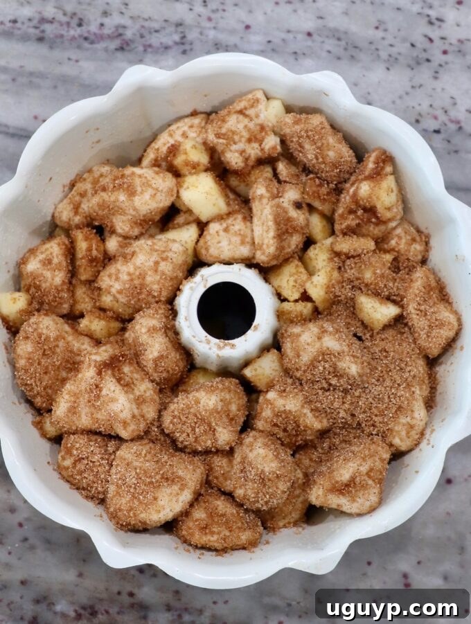 Cinnamon sugar-coated diced biscuit dough pieces evenly distributed in a bundt pan.