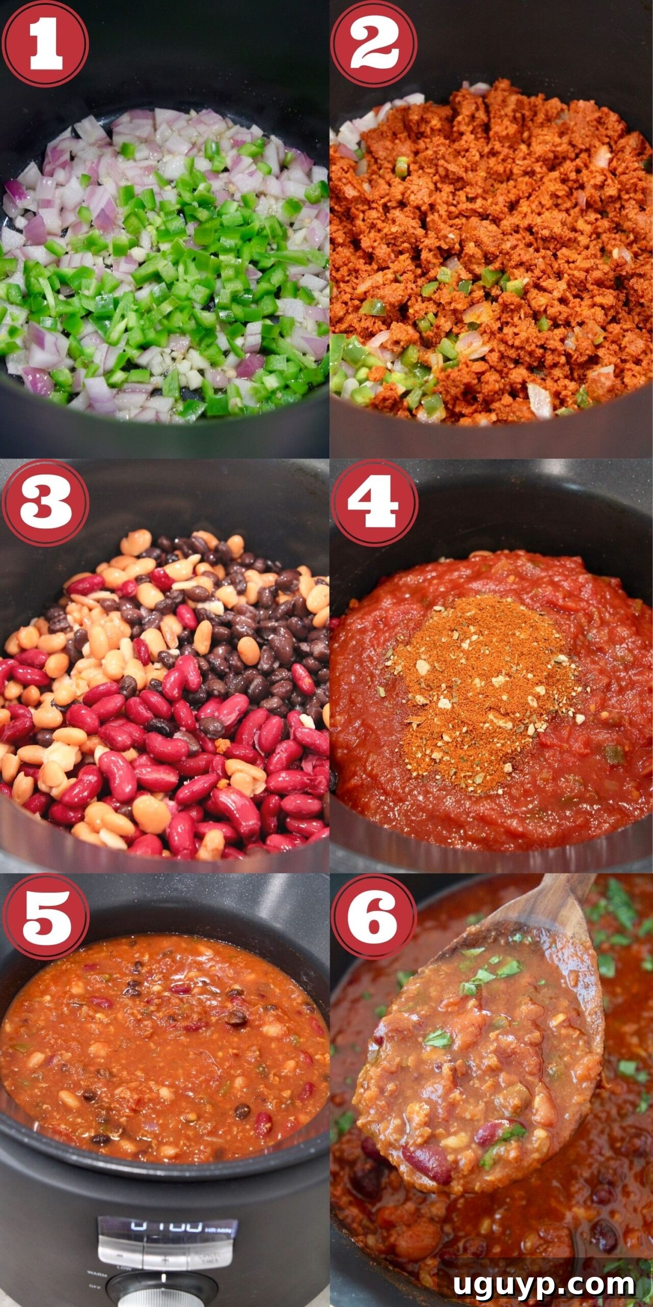 A collage of images demonstrating the step-by-step process of preparing vegan chili in a slow cooker.