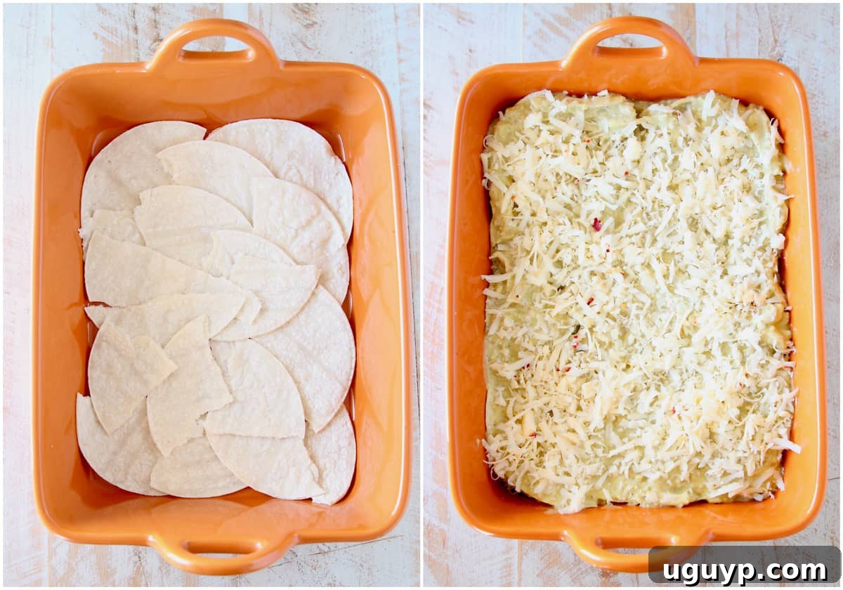 Instructional images demonstrating the steps to make a chicken enchilada casserole: blending sauce, mixing filling, layering tortillas and filling in a dish.