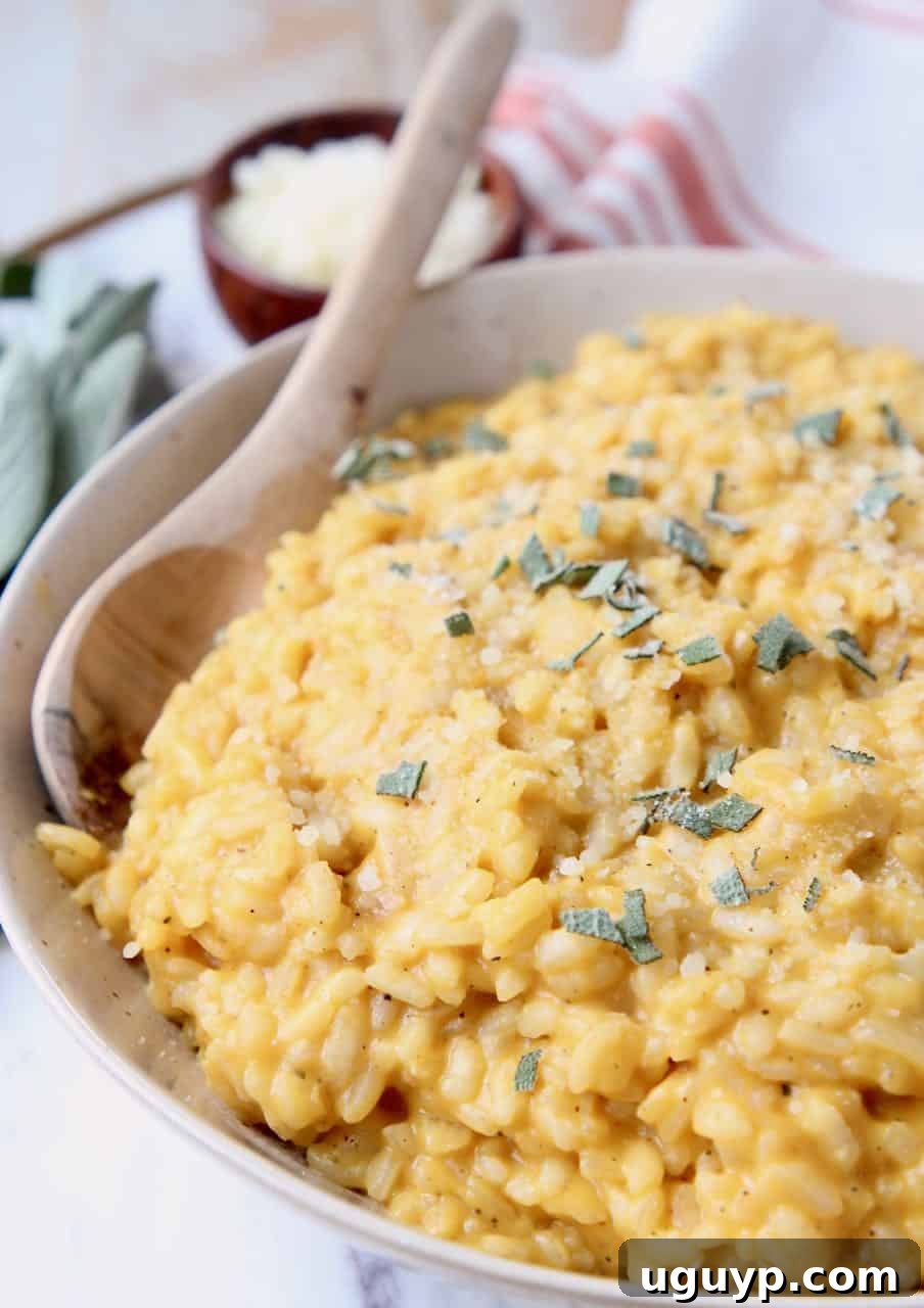 Butternut squash risotto in bowl with wooden spoon, garnished with fresh herbs