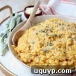 Butternut squash risotto in bowl with wooden spoon