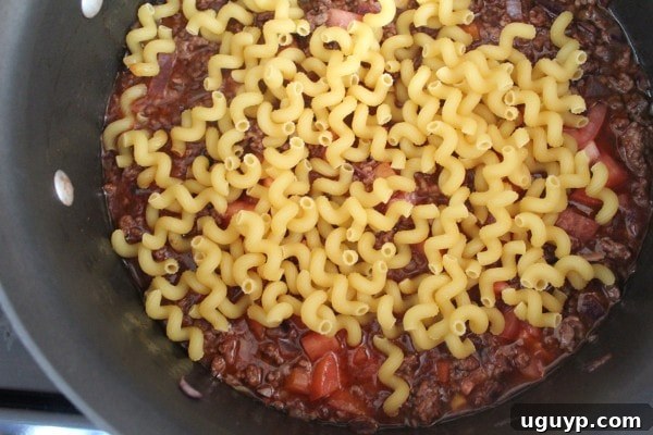 Dry macaroni noodles are layered on top of the spiced beef and tomato mixture in the pot, ready to absorb the rich broth and cook to perfection.