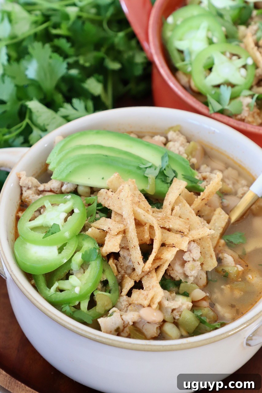 white chicken chili in bowl topped with sliced jalapeno, avocado and tortilla strips
