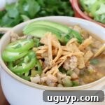 white chicken chili in bowl topped with tortilla strips and avocado slices