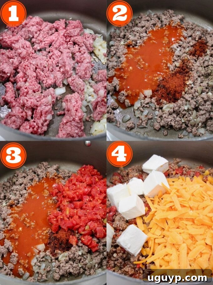 Collage of step-by-step images showing the preparation of Buffalo Cheeseburger Dip