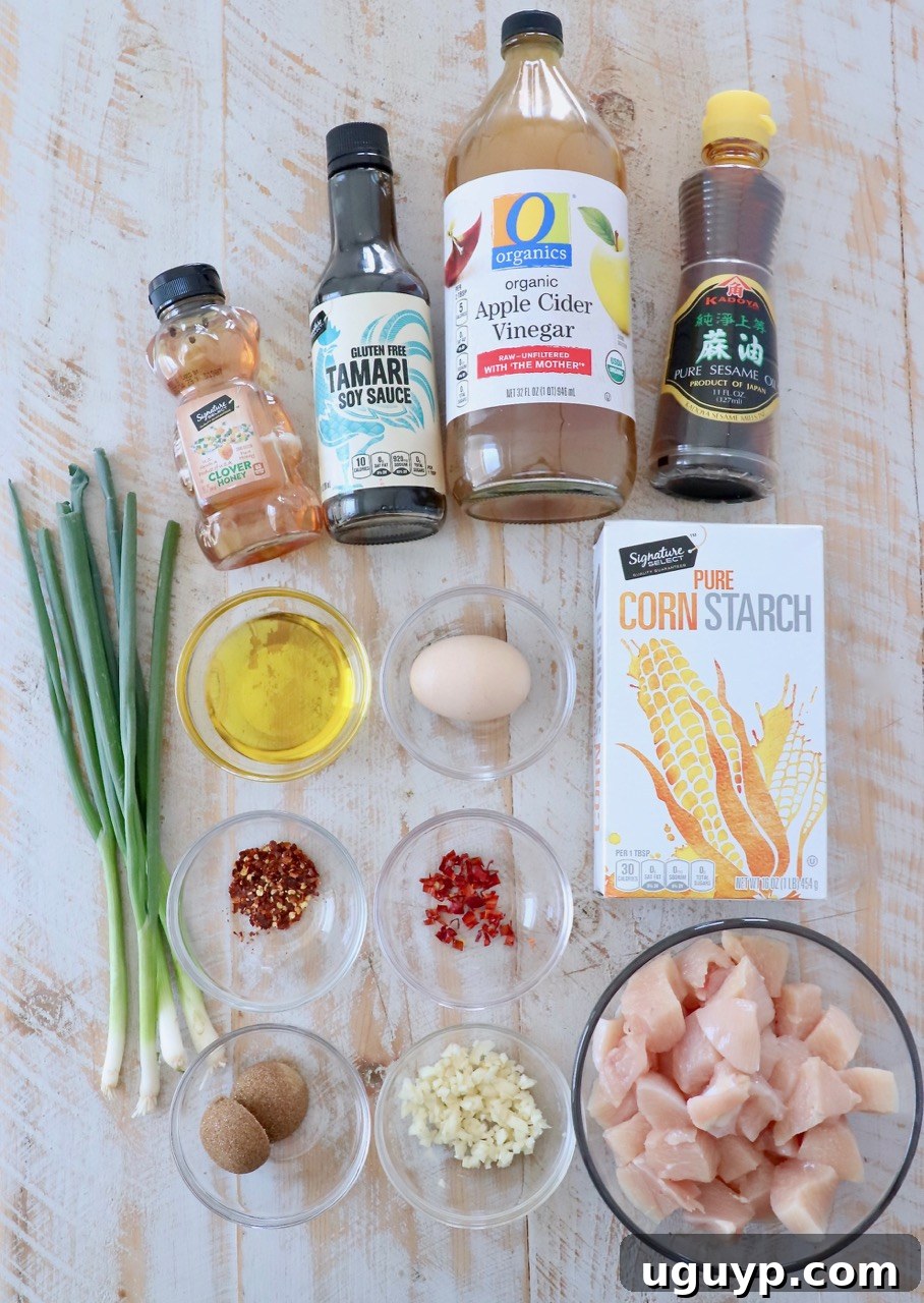 A vibrant array of fresh ingredients meticulously arranged for making Chinese honey chicken. Includes a bowl of golden honey, a bottle of gluten-free soy sauce, a bottle of apple cider vinegar, a small dish of sesame oil, a pinch of red pepper flakes, a bowl of cornstarch, brown sugar, an egg, cubed chicken breast, olive oil, a red Thai chili pepper, fresh garlic cloves, and neatly chopped green onions.