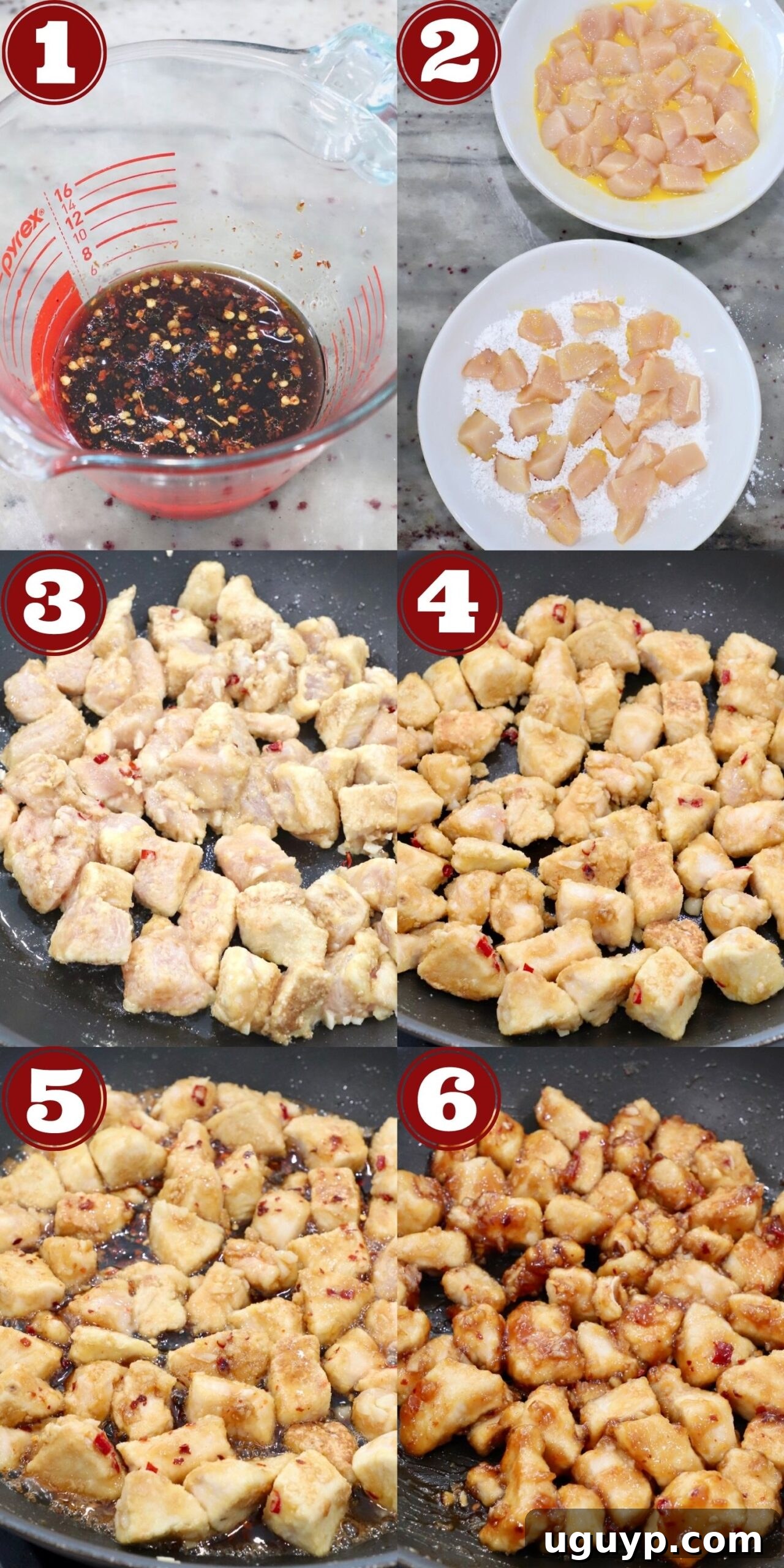 A collage of six instructional images demonstrating the step-by-step process of making Chinese honey chicken. Images show preparing the sauce, coating chicken in egg and cornstarch, pan-frying, browning, adding sauce, and simmering.