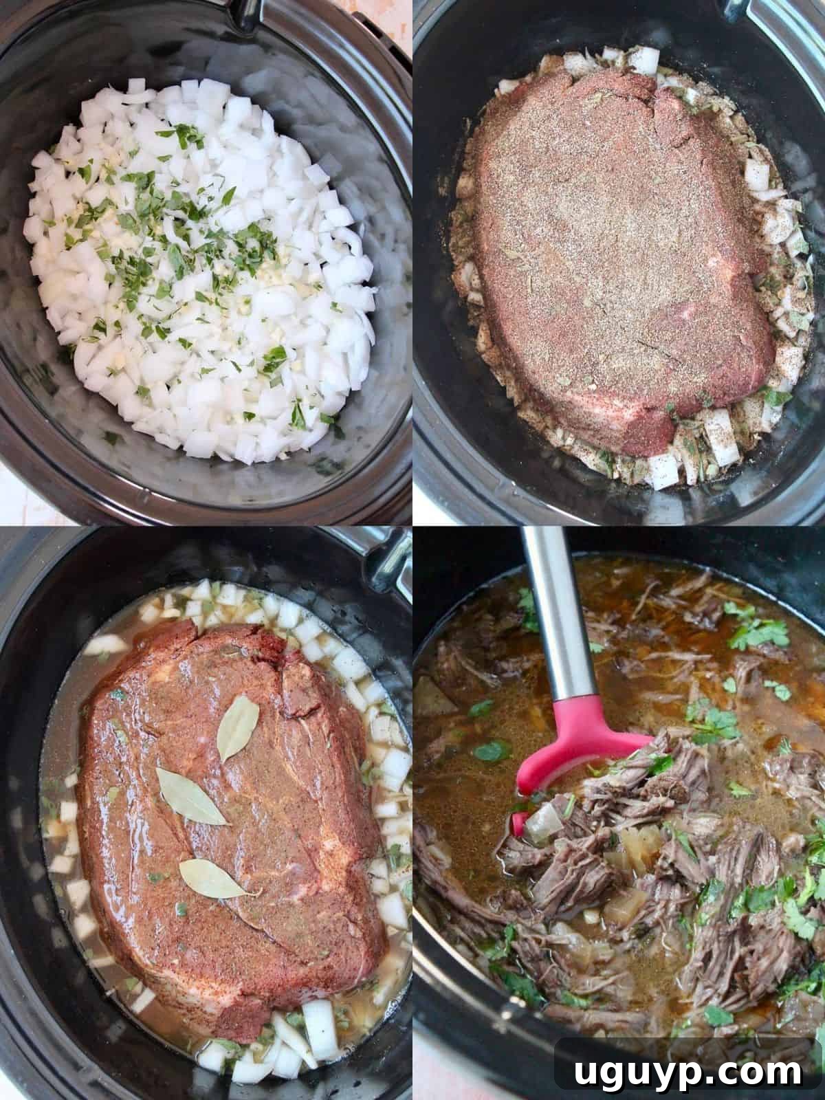 A collage of images demonstrating the process of making slow cooker shredded beef barbacoa, from combining spices to the final shredded product.