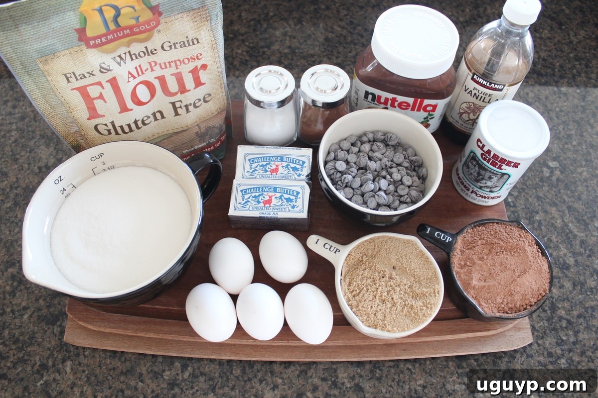 Ingredients for Gluten Free Nutella Brookies, including Flour, Sugar, Butter, Chocolate Chips, and Nutella