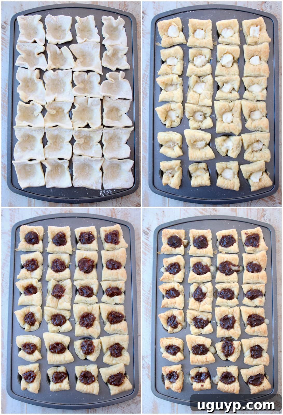 A series of instructional images demonstrating how to assemble baked brie puff pastry bites, from dough preparation to filling.