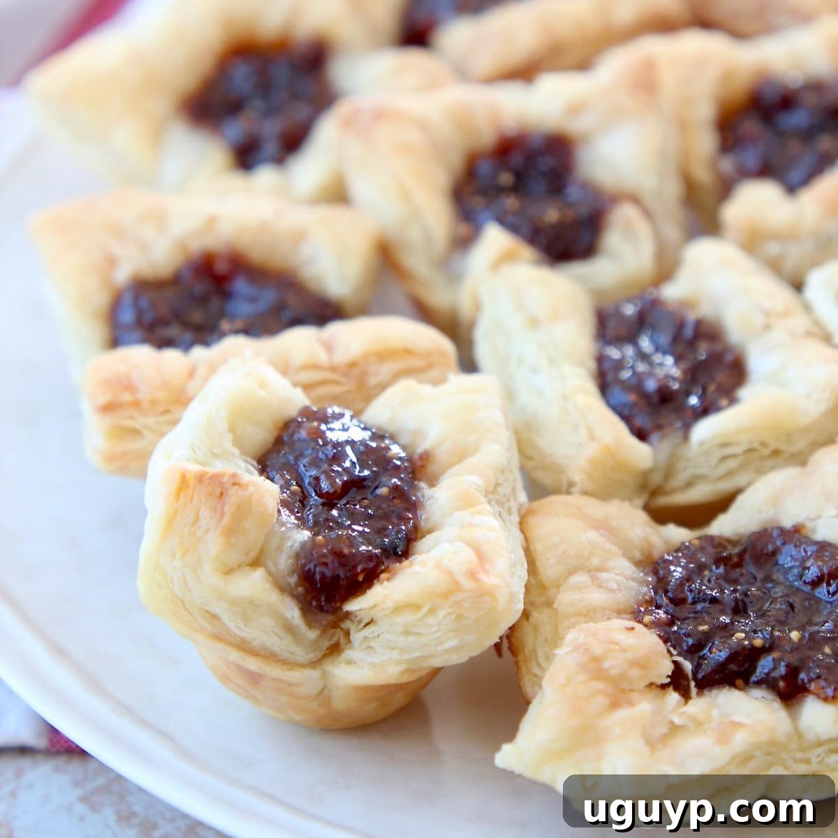 A beautifully composed shot of baked puff pastry bites with fig jam and melted brie, showcasing their gourmet appeal.