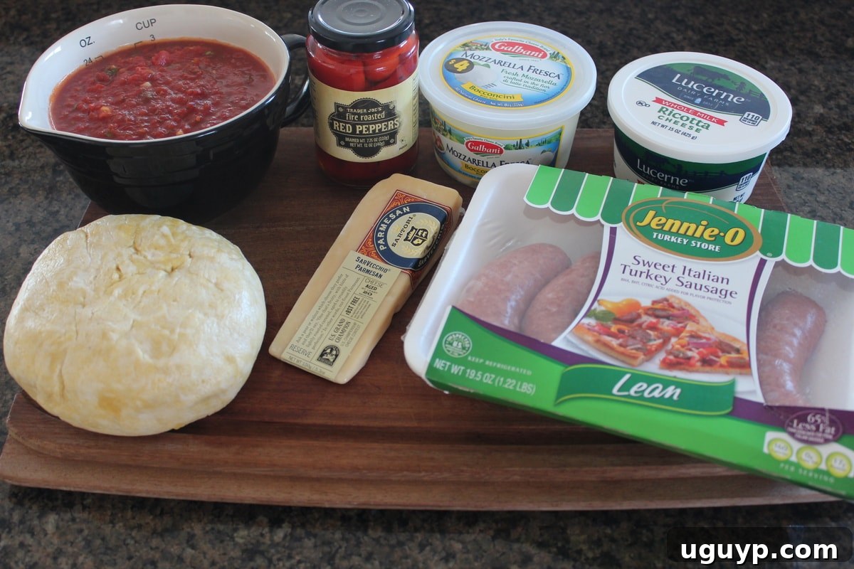 All the fresh ingredients for a deep dish heart shaped pizza laid out on a wooden cutting board.