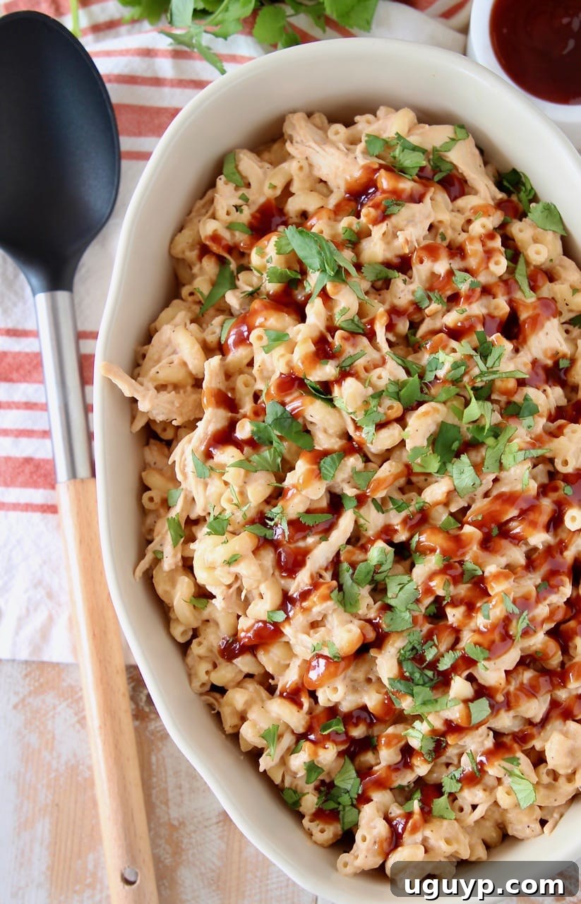 BBQ Chicken mac and cheese in large oval casserole dish topped with fresh chopped cilantro