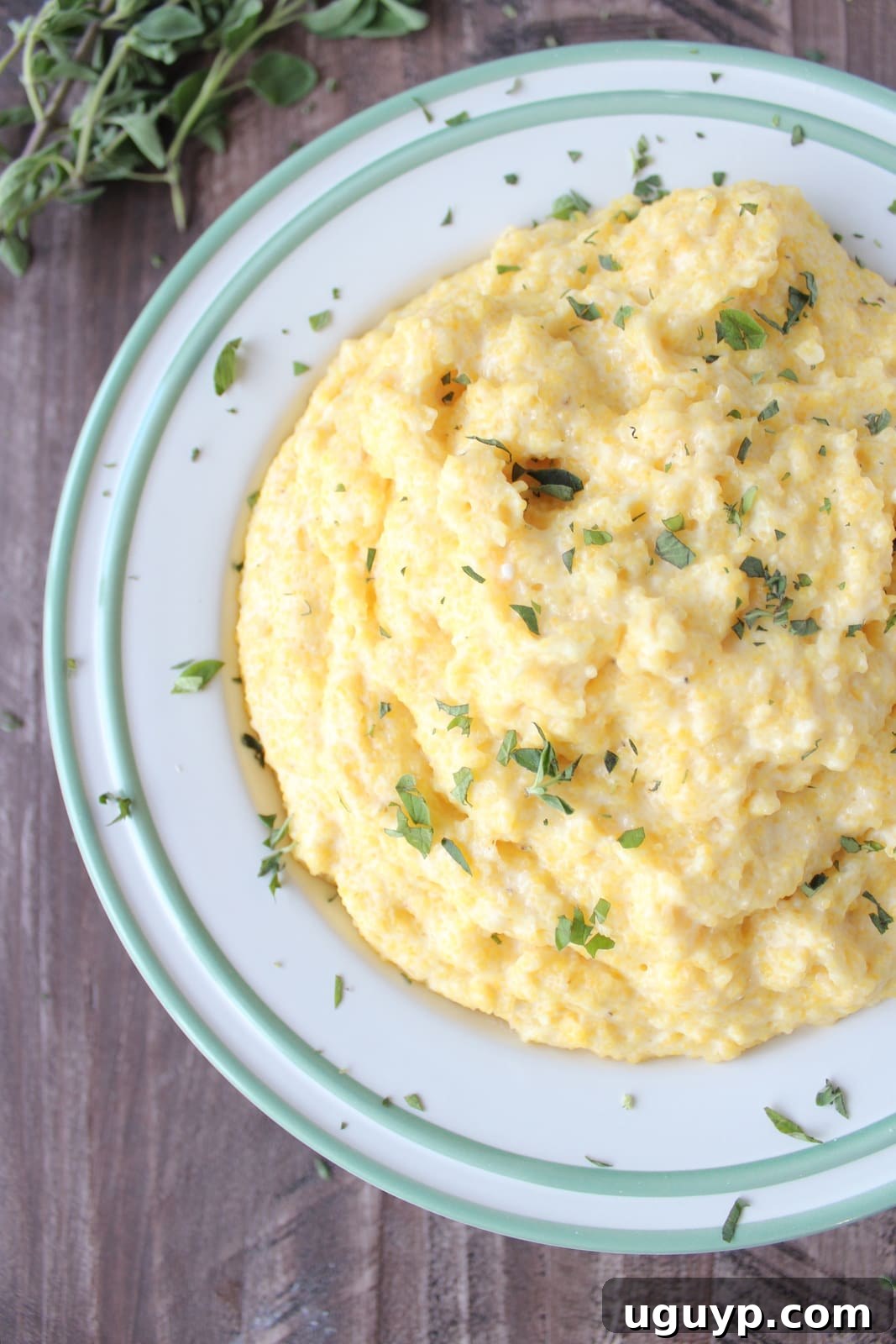 Prepared creamy cheesy polenta in a bowl, topped with fresh chopped green herbs