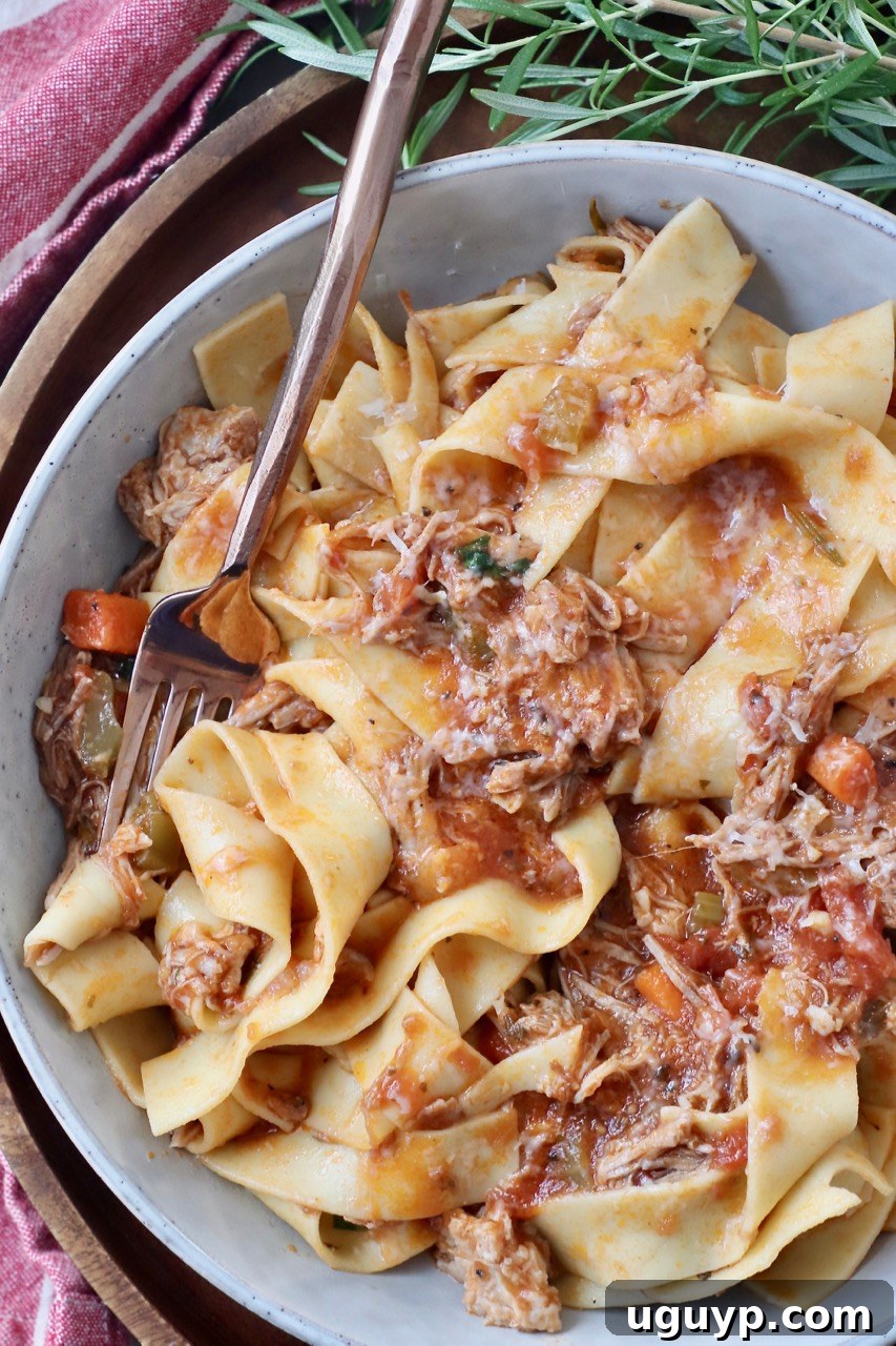 pork ragu sauce tossed with pappardelle noodles in bowl with fork
