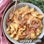 braised pork ragu tossed with cooked pasta in bowl with fork