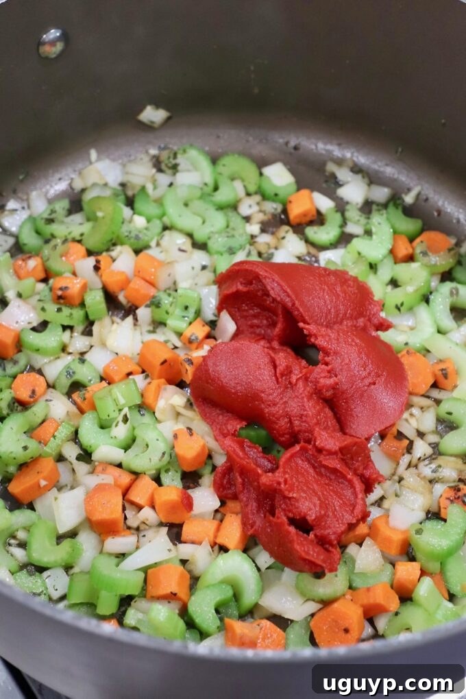 diced vegetables in pot with tomato paste