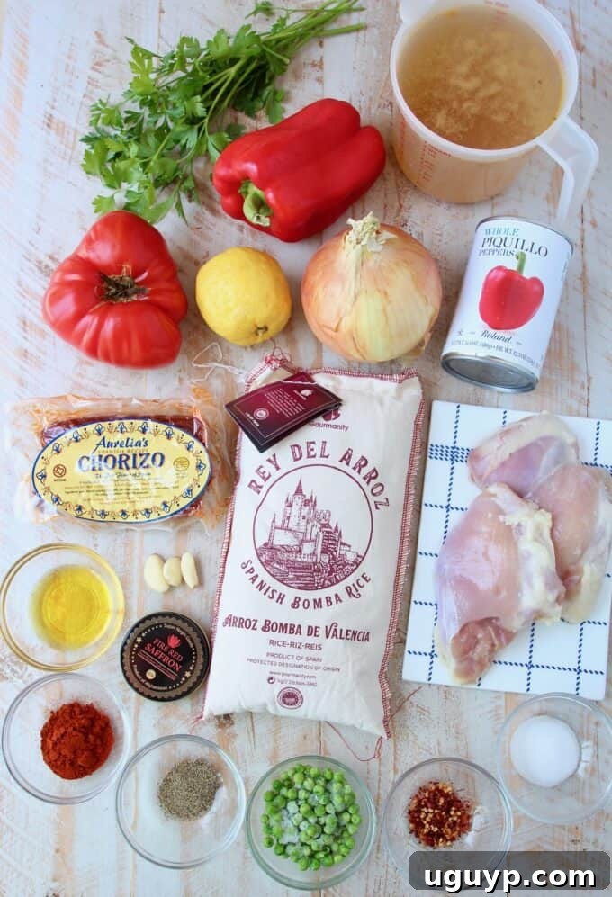 An overhead view of all the fresh ingredients laid out for chicken paella, including chicken thighs, chorizo, vegetables, and spices.