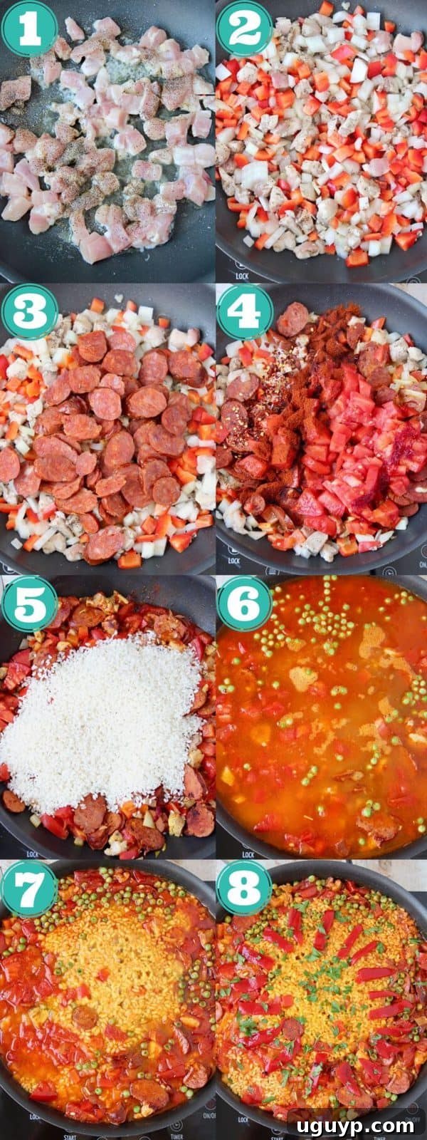 A step-by-step collage demonstrating key stages of making Spanish paella, from cooking chicken and vegetables to mixing in rice and broth.