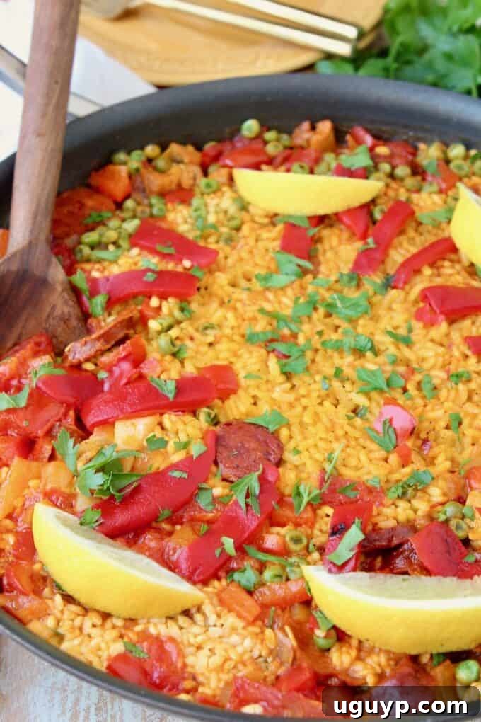 A beautifully presented pan of Spanish paella, generously topped with fresh lemon wedges, showcasing its golden hue and flavorful ingredients.