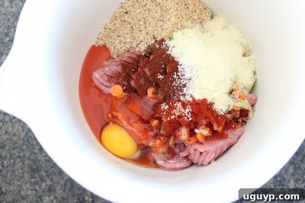 ground chicken and pork in large bowl with egg, breadcrumbs and spices