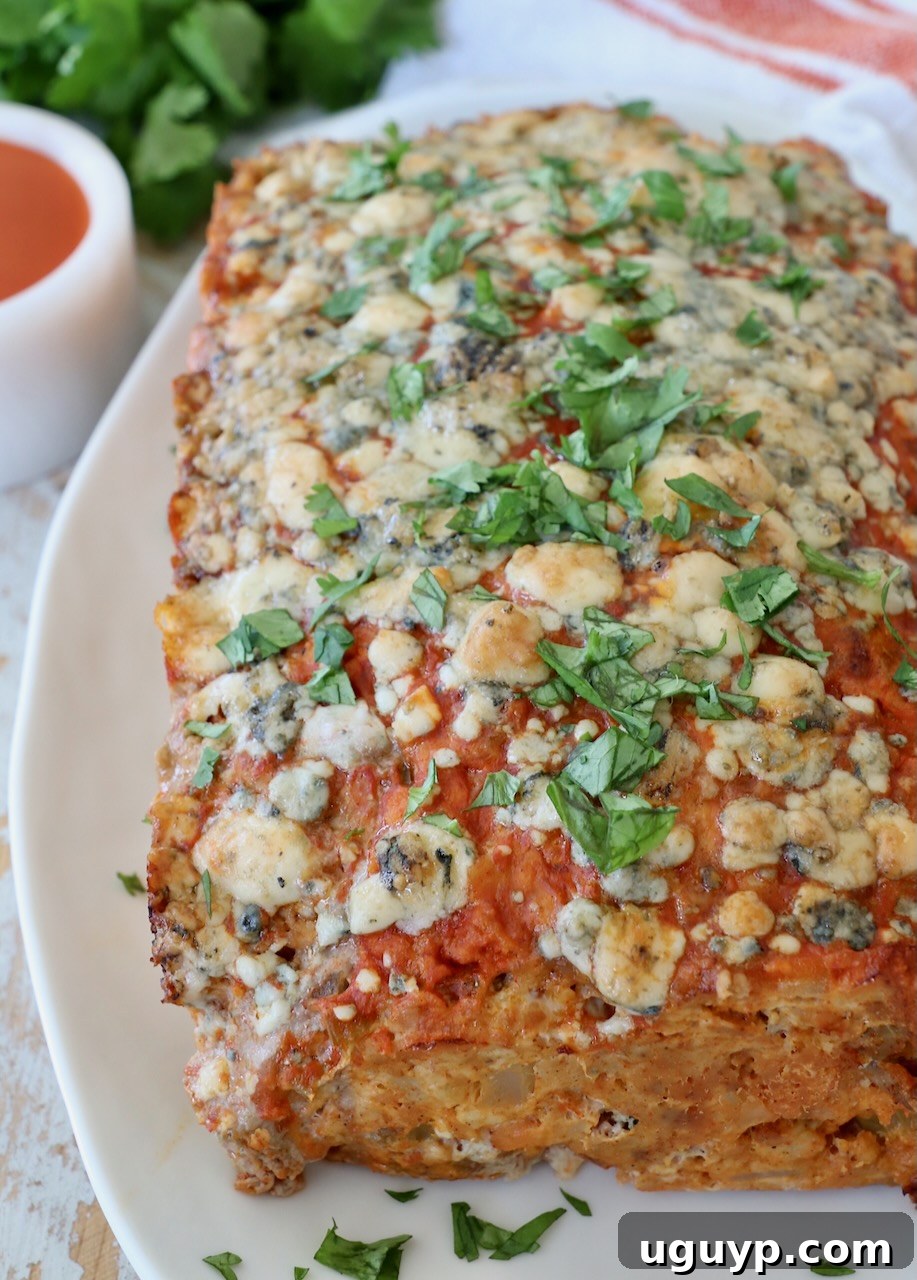 cooked buffalo chicken meatloaf on plate