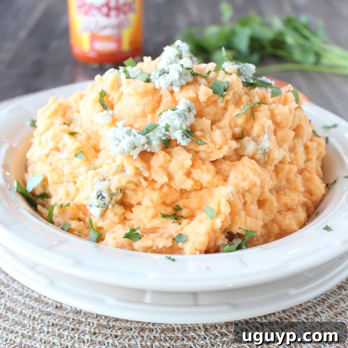 Buffalo Blue Cheese Mashed Potatoes Recipe - A vibrant dish of mashed potatoes topped with blue cheese crumbles and drizzled with buffalo sauce.