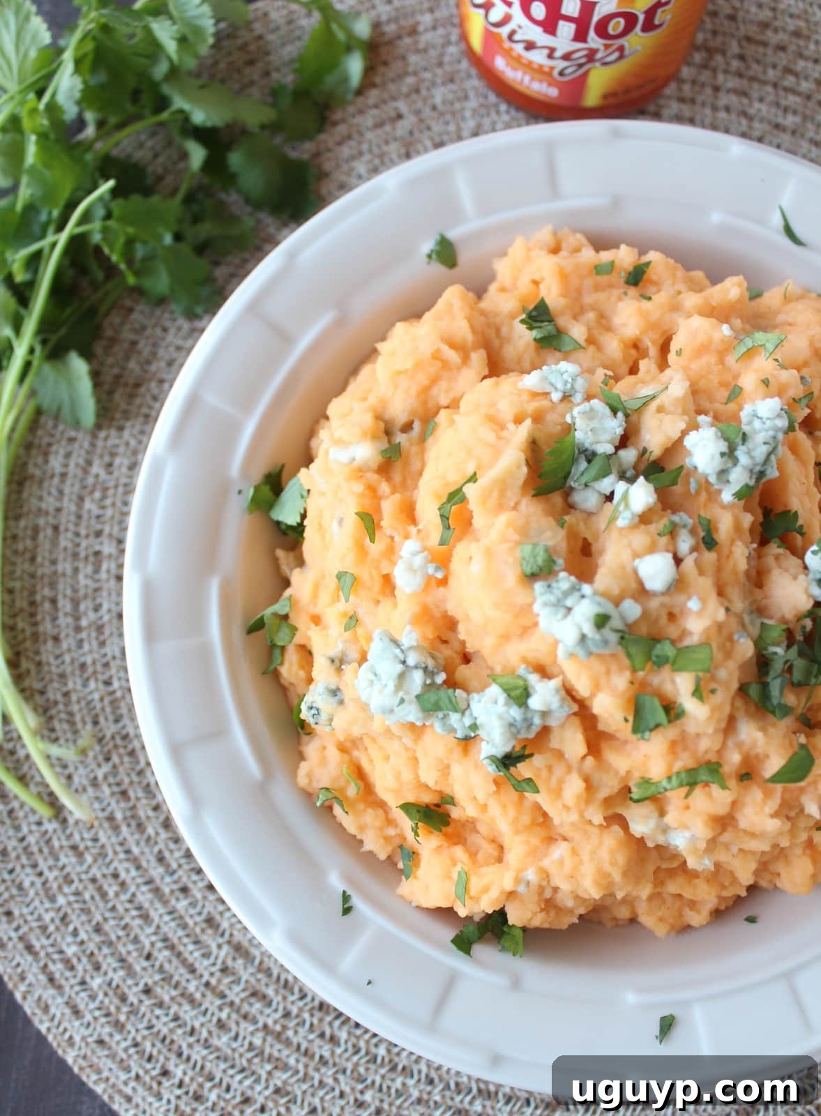 Buffalo Cheesy Mashed Potatoes - A scoop of mashed potatoes showing its creamy texture and visible blue cheese crumbles.