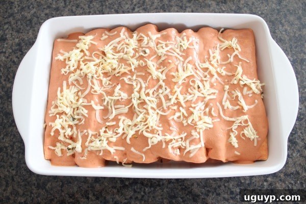 enchiladas in a creamy sriracha sauce in a baking dish covered with cheese