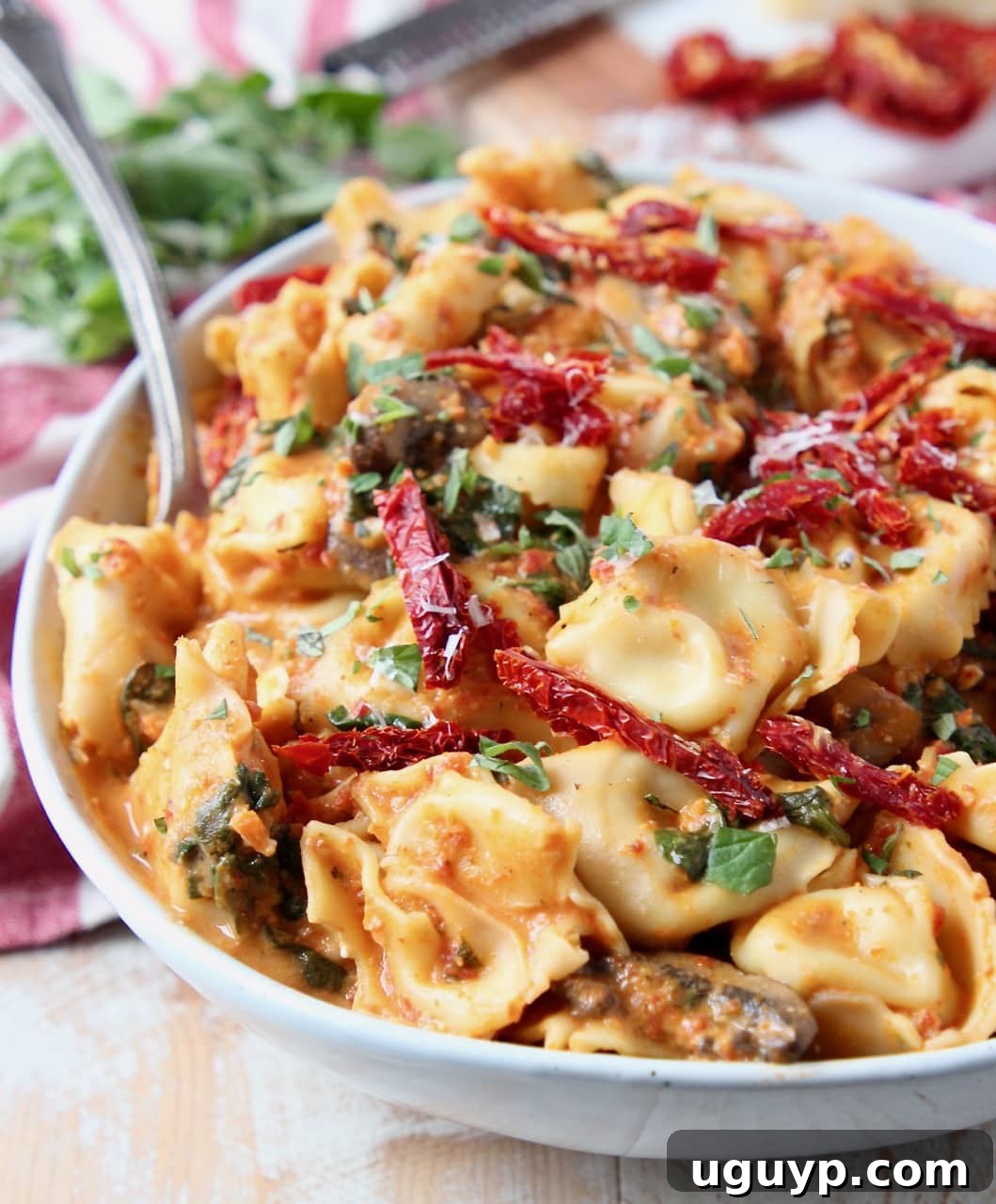 A close-up view of pesto tortellini with bright red sun-dried tomatoes and fresh basil leaves in a bowl, ready to be enjoyed.