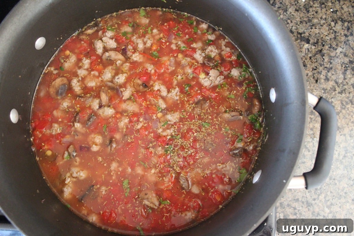 Adding broth and spices to Mediterranean Sausage & Lentils