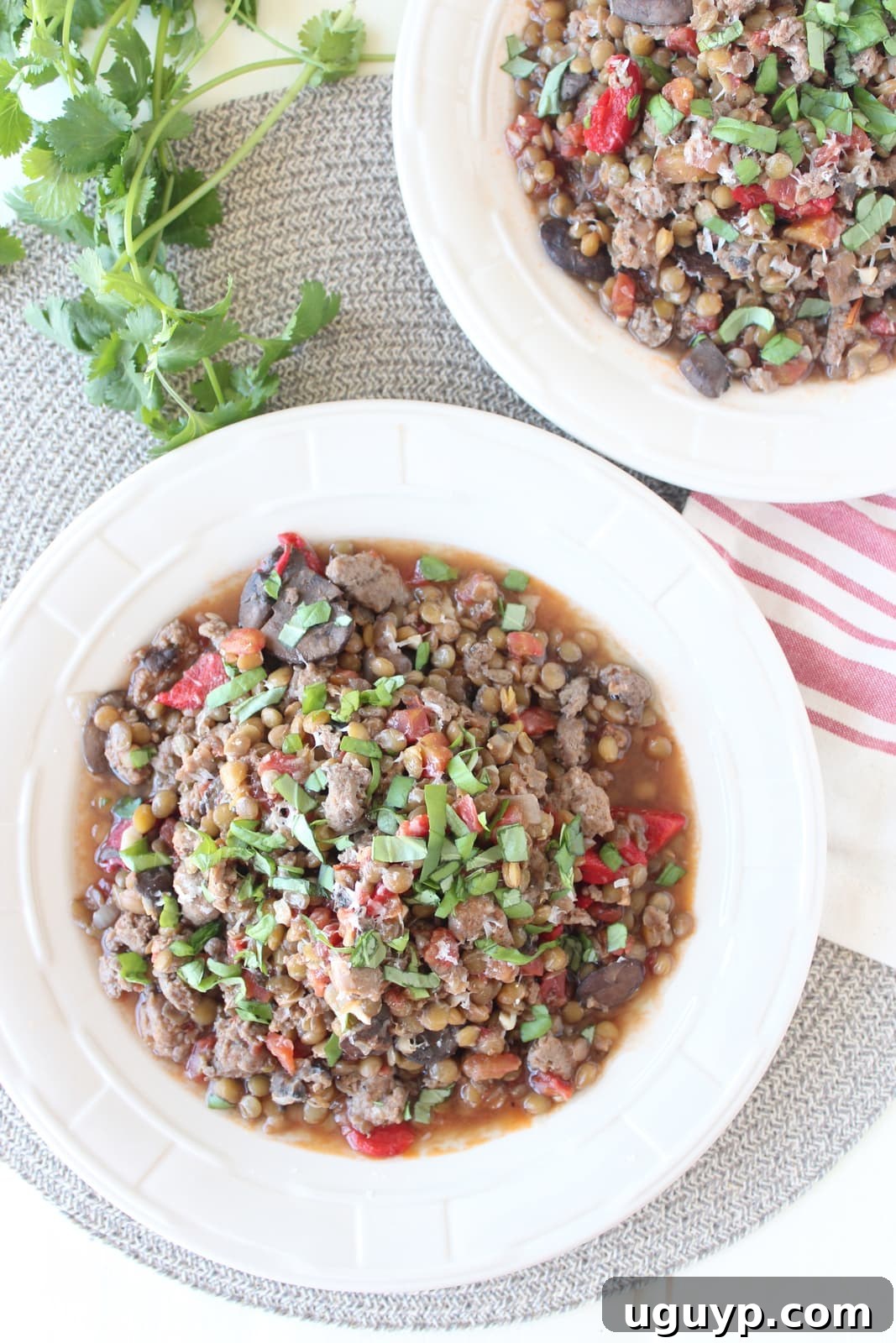 One-Pot Mediterranean Sausage & Lentils ready to serve