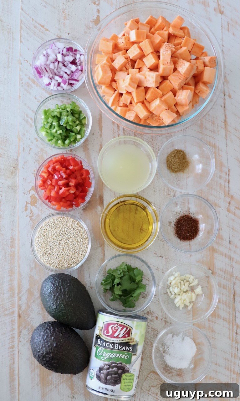 Collection of fresh ingredients for Mexican sweet potato salad laid out on a white wooden board