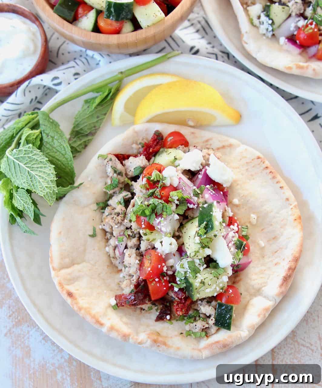 Ground turkey taco in pita bread with tomato cucumber salsa on white plate