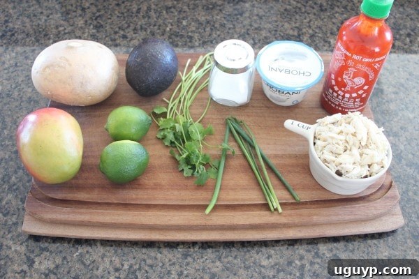 Fresh ingredients for Jicama Crab Tacos, including crabmeat, jicama, mango, and avocado