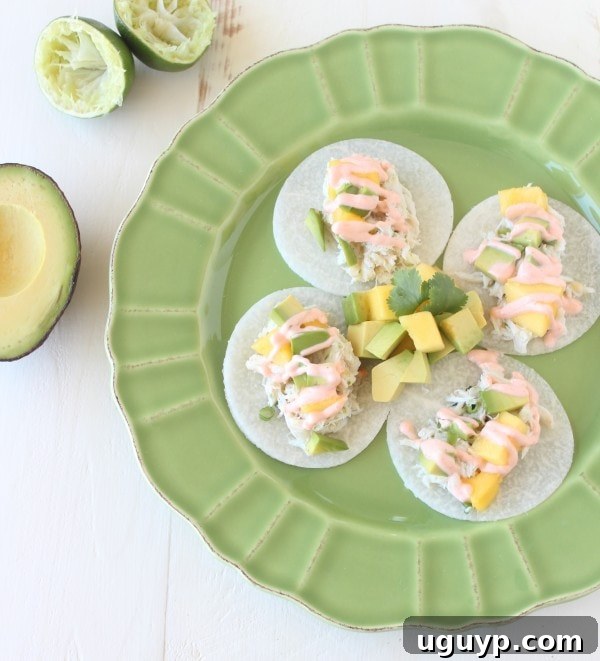 Beautifully plated Jicama Crab Tacos drizzled with spicy aioli, ready to be served