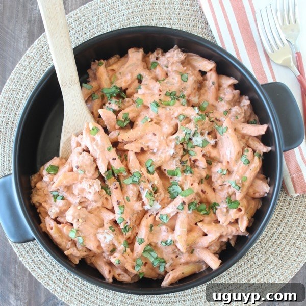 Close-up of Italian Sausage Penne with a rich Four Cheese Tomato Sauce